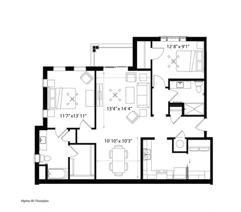 Floor plan for 2 beds, 2 baths, 1220 sqft